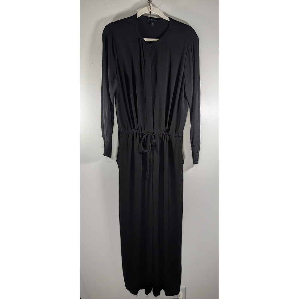 Eileen Fisher Silk Georgette Crepe Mandarin Collar Jumpsuit Black Medium